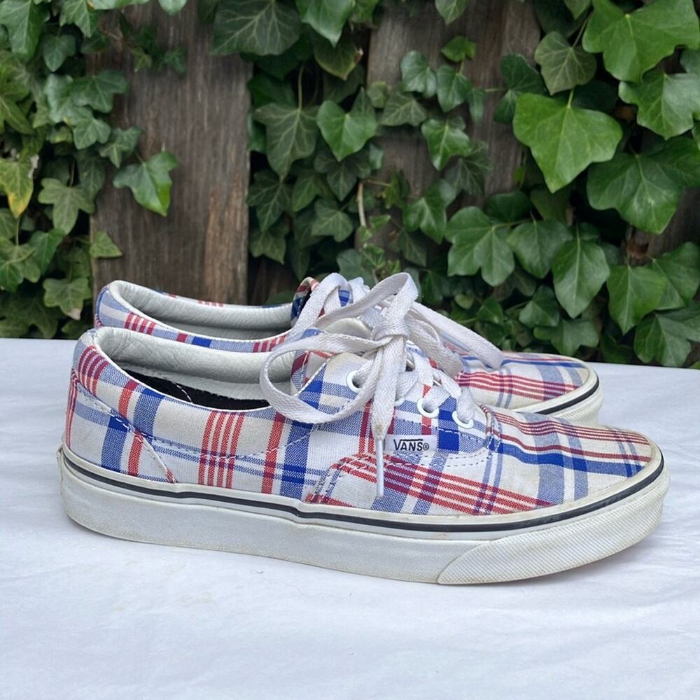 Vans patriotic preppy plaid skate shoes sneakers 4th of July America women's 7.5